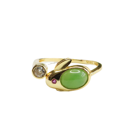 925 Sterling Silver Hetian Jasper Rabbit Ring
