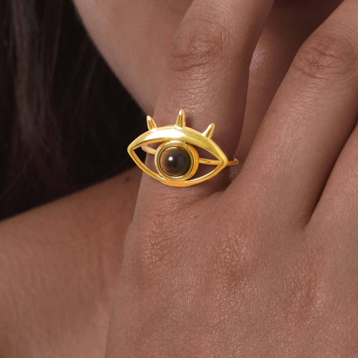 Stainless Steel Geometry Oval Fan Natural Stone Eyes Novelty Design Open Ring