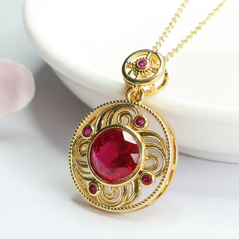 Lab-Grown Ruby Patterned Round Pendant — No Chain