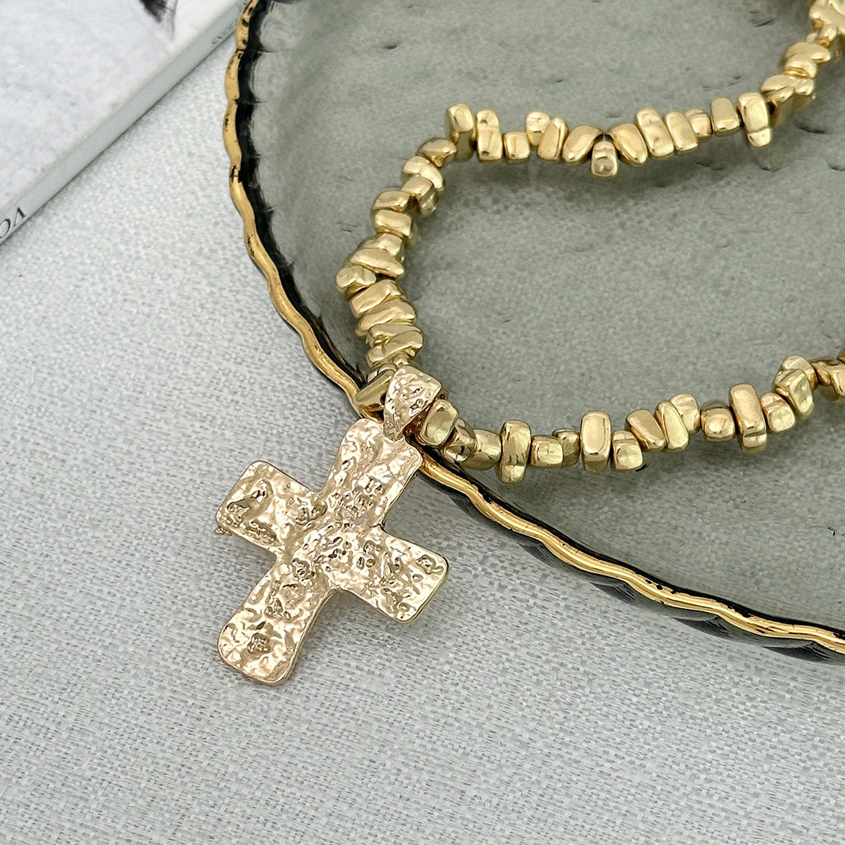 Lava Cross & Ocean Pearl Fringe Necklace