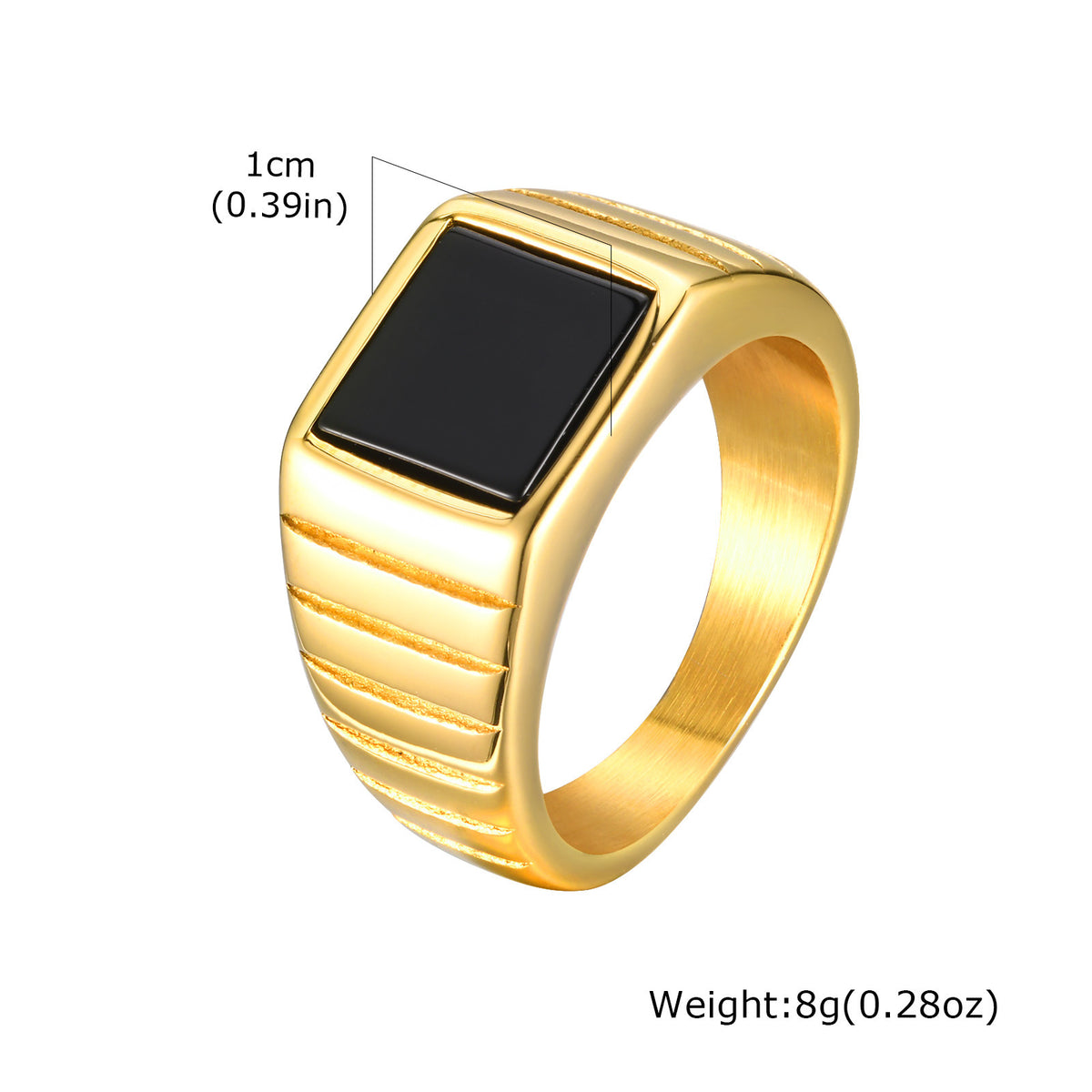Unisex Neutral Stainless Steel Square Black Agate Gold Ring