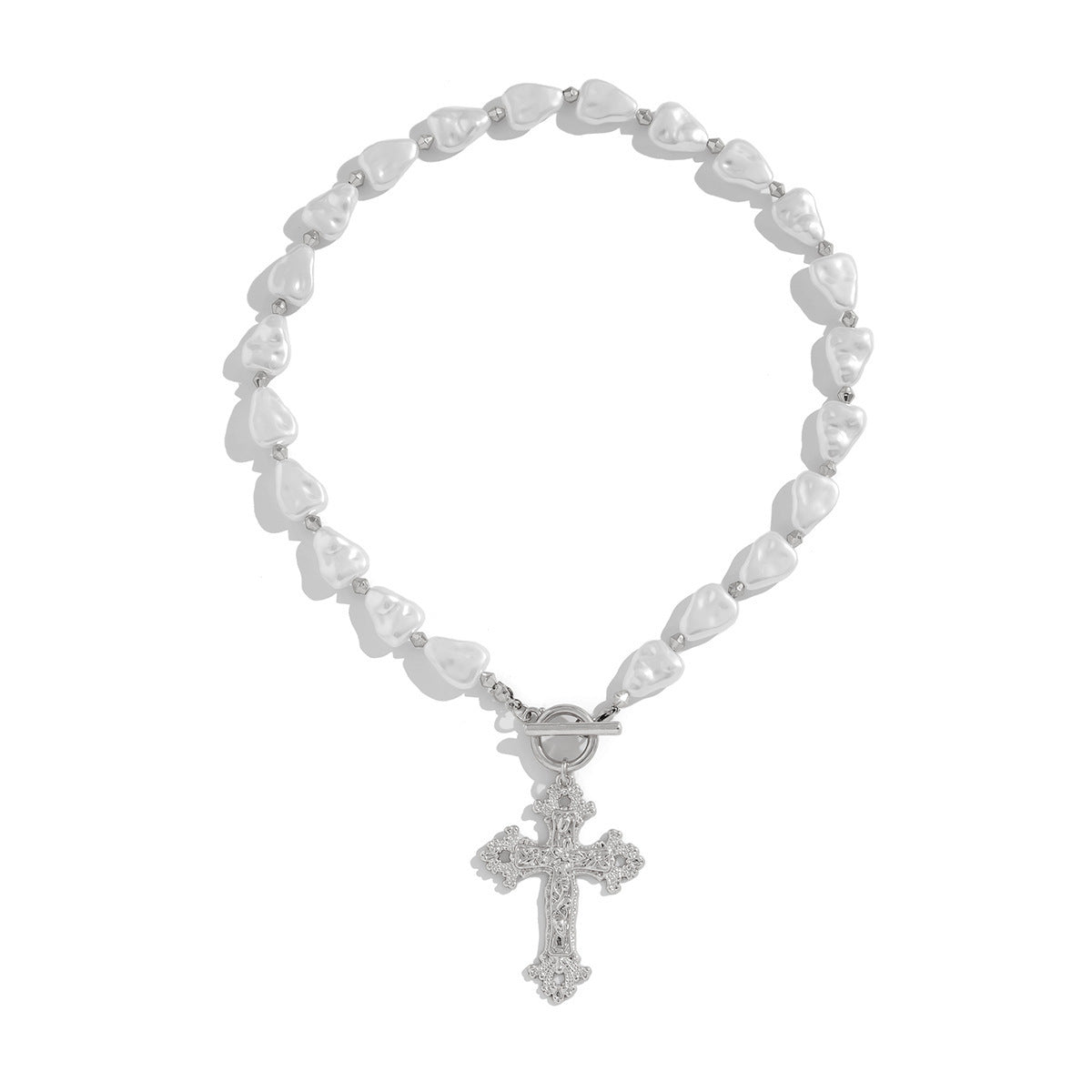 Baroque Pearl & Cross Toggle Necklace
