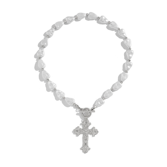 Baroque Pearl & Cross Toggle Necklace