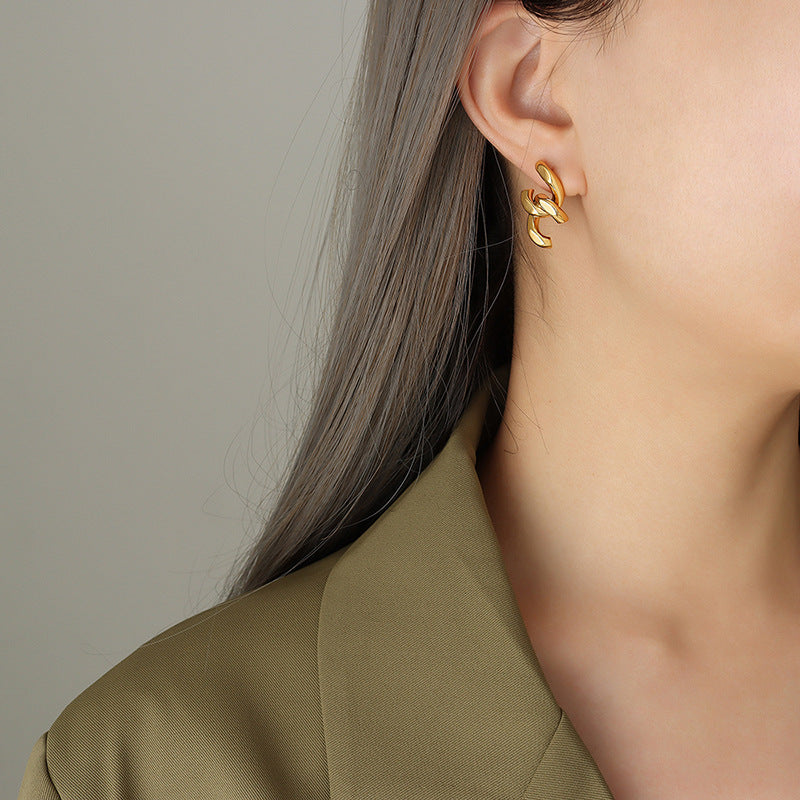 Cold Wind Titanium Steel Gold Plated Chain Stud Earrings