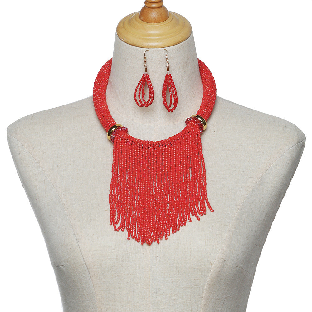 Exotic Pearl and Bead Statement Necklace Set with Sweater Chain