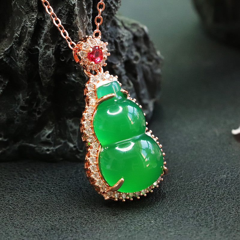 Gourd Pendant Necklace with Ice Green Chalcedony and Zircon Rose Gold Accents