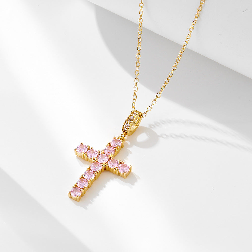 Hip Hop Cross Necklace 925 Sterling Silver Hipster Pink Zircon Pendant