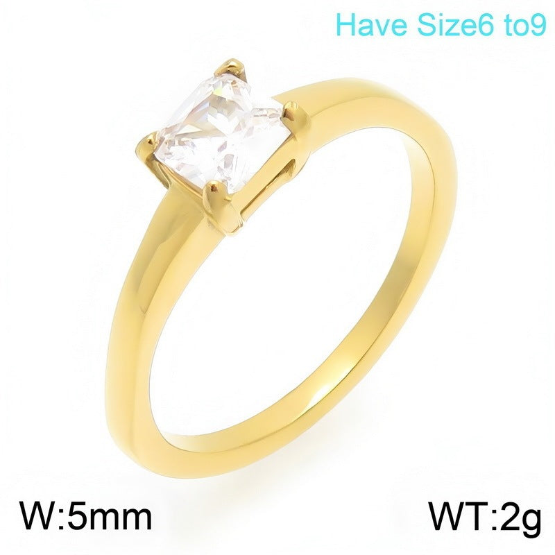 Stainless Steel Marriage Proposal Zircon Ring Four-Claw Inlaid Round Zircon Square