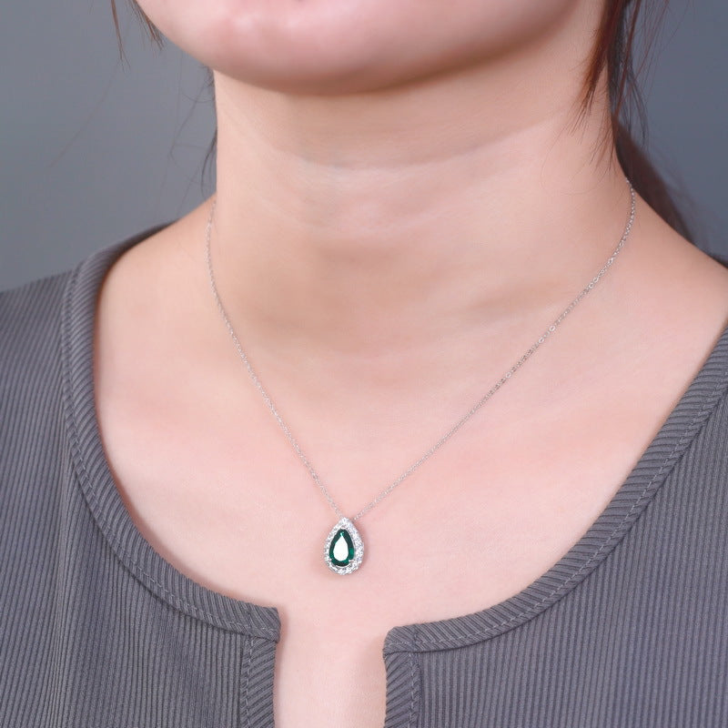 S925 Sterling Silver Lab-Grown Emerald Teardrop Pendant Necklace