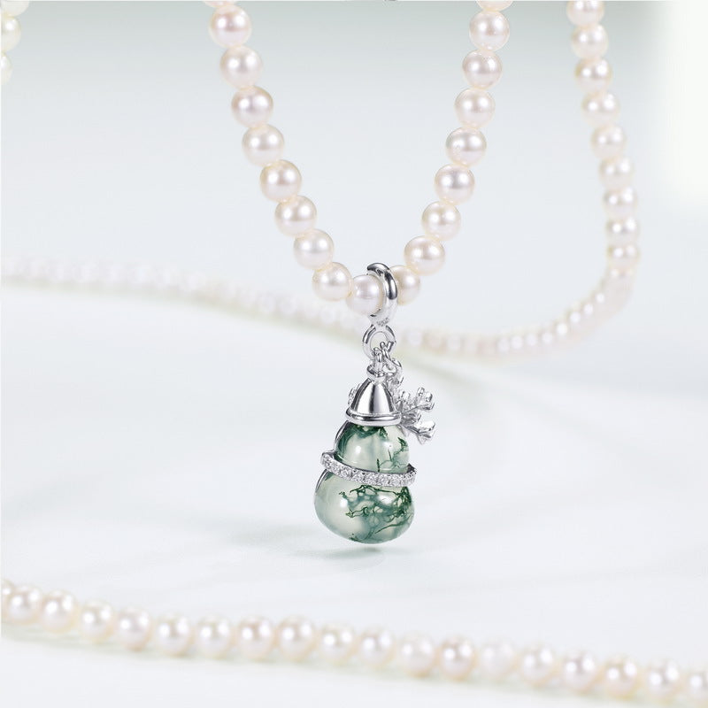 Planderful Everyday Genie – Fashion Personalized Versatile Aquatic Agate Gourd Pendant S925 Silver Inlaid Green Moss Necklace Snowflake Item