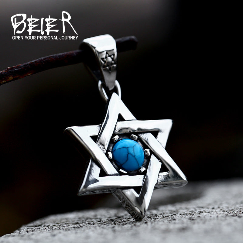 Gothic Hexagram Titanium Steel Pendant with Stone, Retro Personalized Design for Men