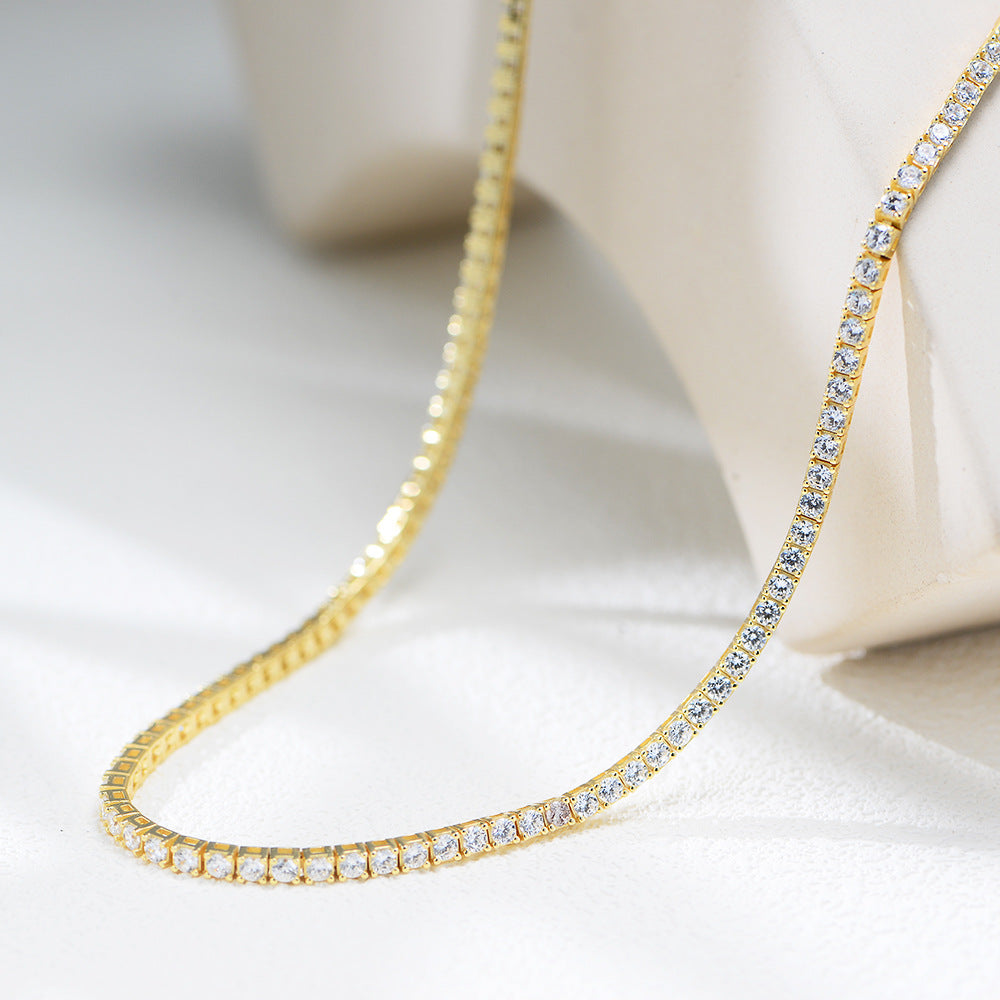 S925 Sterling Silver Gold-Plated Full Zircon Tennis Necklace Hip-Hop 2.5mm Single-Row
