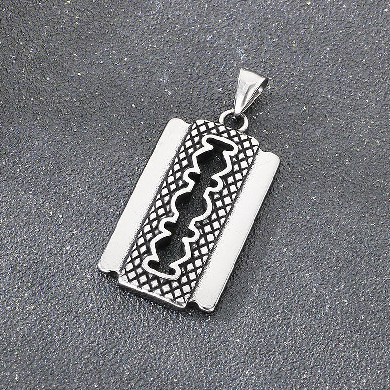 Retro Trend Hip-Hop Blade Necklace, Niche Rhombus Pattern Razor Stainless Steel Men's Pendant