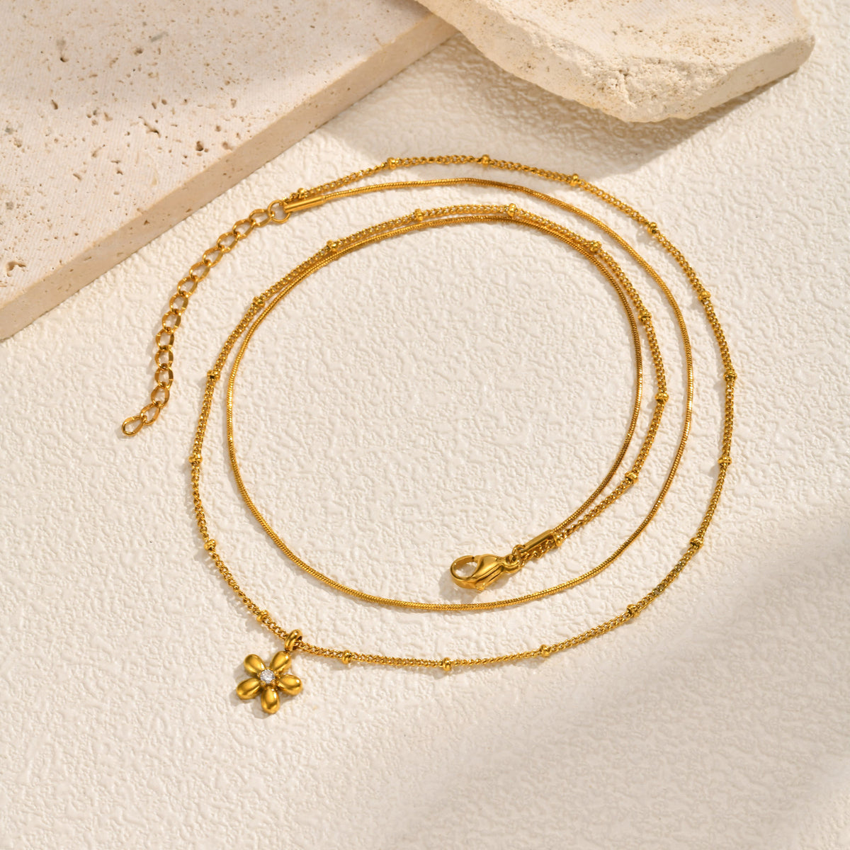 Stainless Steel – French Design Bead Chain Square Snake Chain Flower Double Necklace