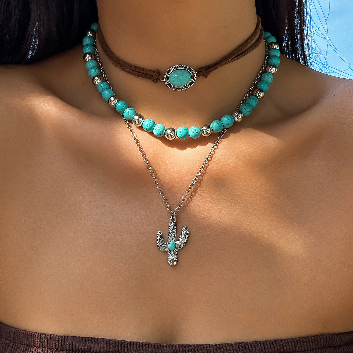 European and American Jewelry Retro Turquoise Sweater Chain Necklace Set