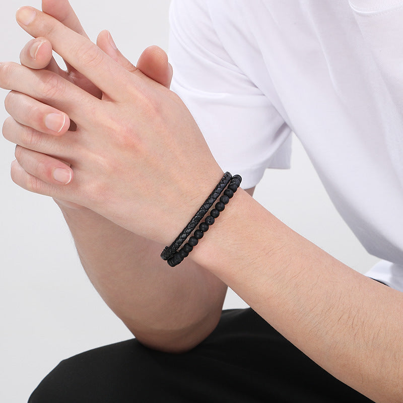 Planderful Men's Leather Bracelet Handwoven Tiger's Eye