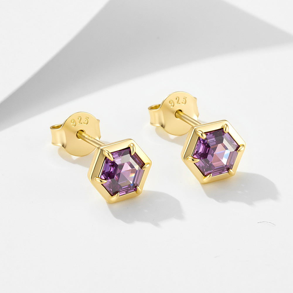Geometric Hexagonal Amethyst Zircon Sterling Silver Stud Earrings 'S Color