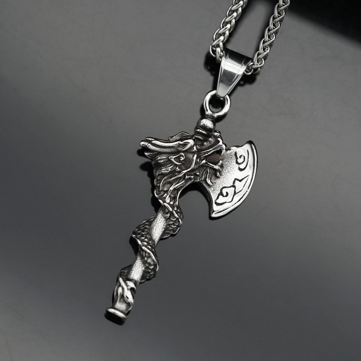 Steel Necklace – Statement Viking Dragon Pendant With Double-Sided Coiled Dragon Cloud Pattern For Men