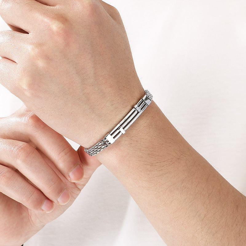 Design Mesh Chain Men's Geometric Lines Stainless Steel Adjustable Bracelet