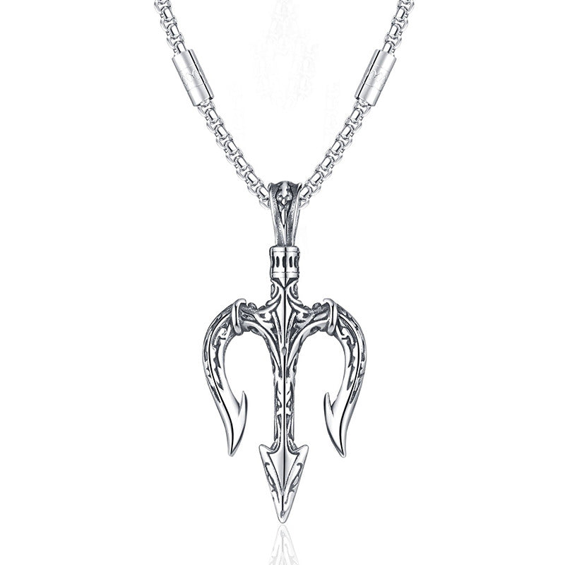 Steel Necklace - Vintage Statement Trident Pendant For Men Everyday Wear Hip Hop Style Planderful