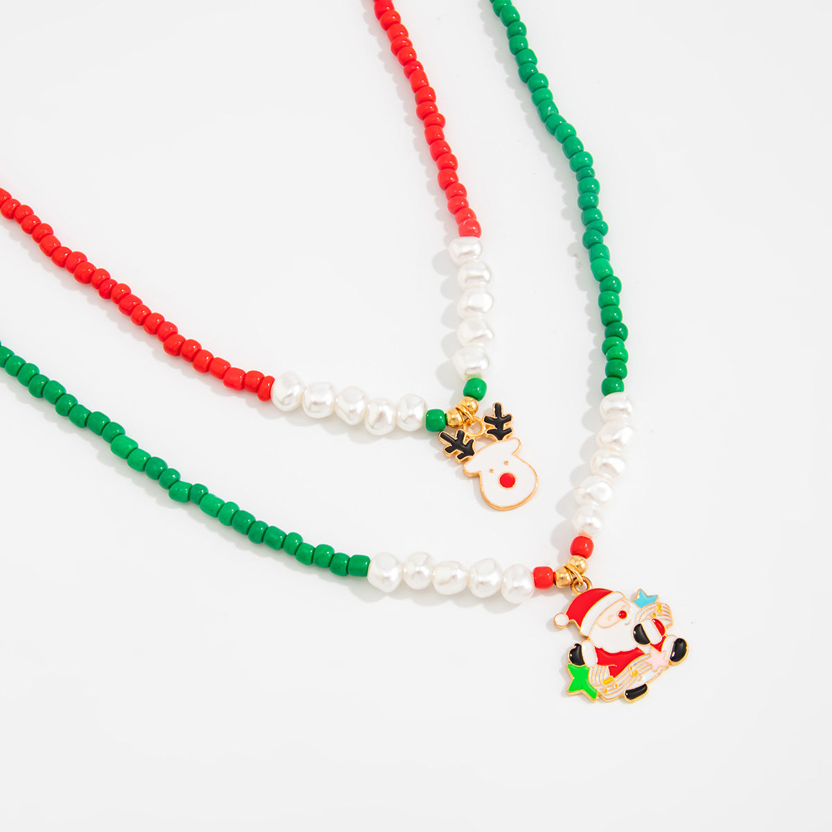 Christmas Santa & Elk Pearl-Style Necklace