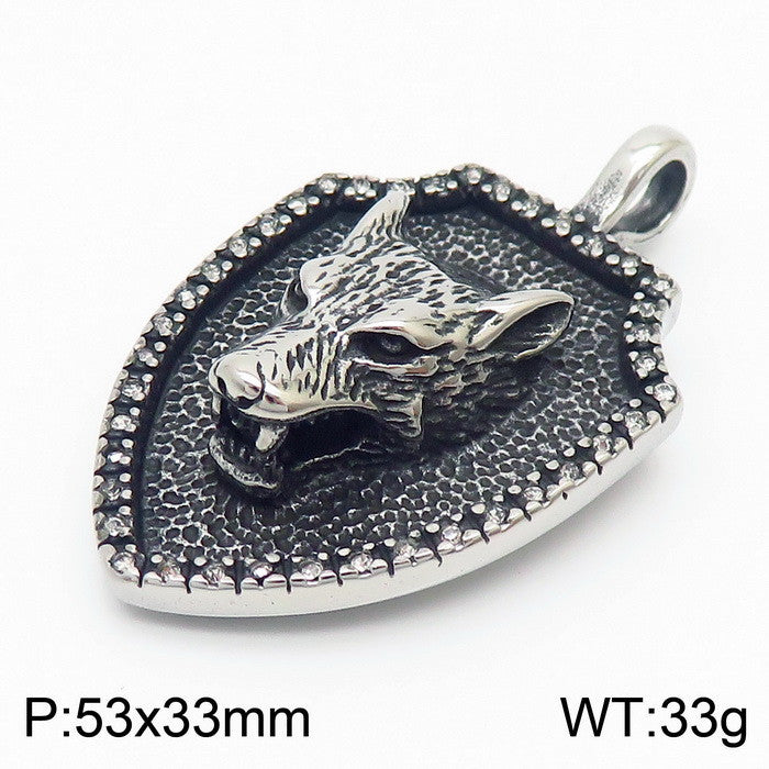 Retro Classic Hip-Hop Lion Head Shield Pendant with Zircon-Encrusted Wolf Head in Stainless Steel for Men