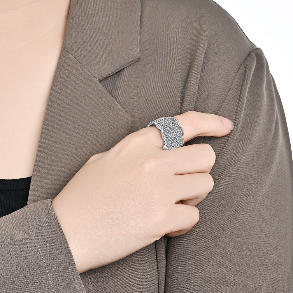 Planderful Unisex Zircon Ring Mesh Stainless Steel Gold Plated Light Luxury Fashion