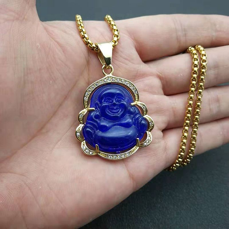 Planderful Maitreya Buddha Pendant Necklace Unisex Gold Plated Titanium Steel Zircon Malay Chalcedony Resin Glazed
