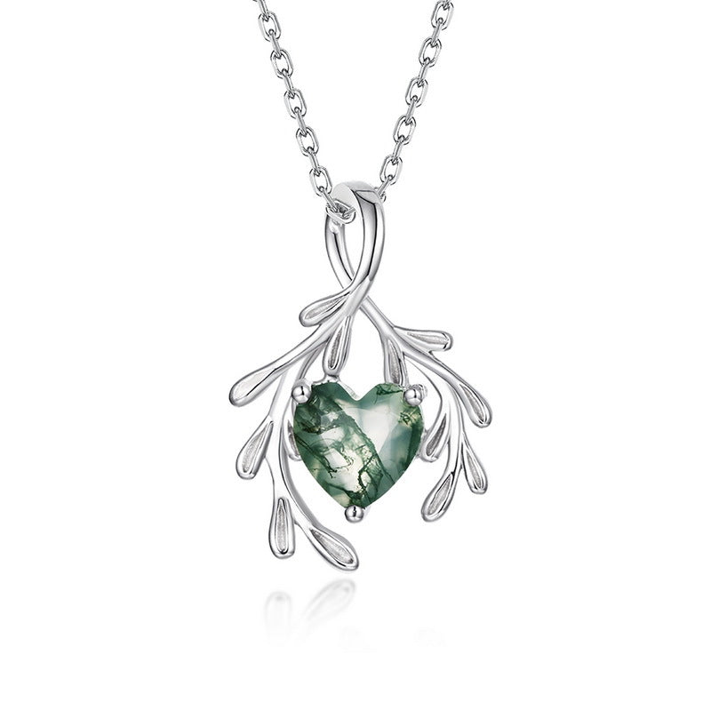 Planderful Everyday Genie Necklace – Elegant Heart-Shaped Aquatic Plant Agate Silver Pendant