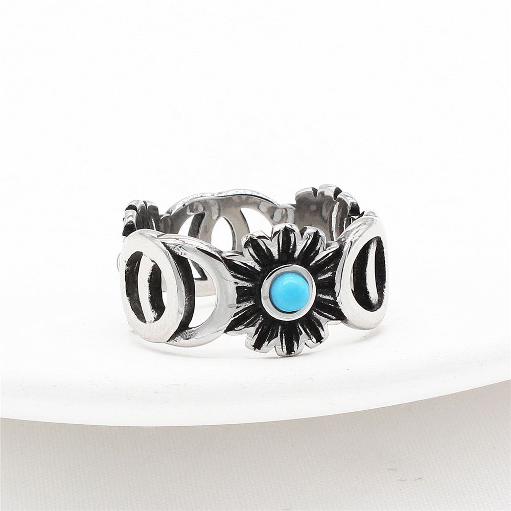 Planderful Everyday Genie European and American Retro Sunflower Men's Titanium Steel Ring – Personalized and Stylish Jewelry