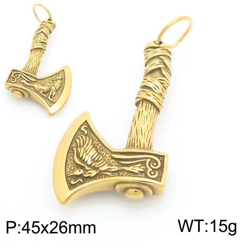 Nordic Viking Wolf Pattern Battle Axe Pendant – Punk Style Axe Amulet Titanium Steel Necklace