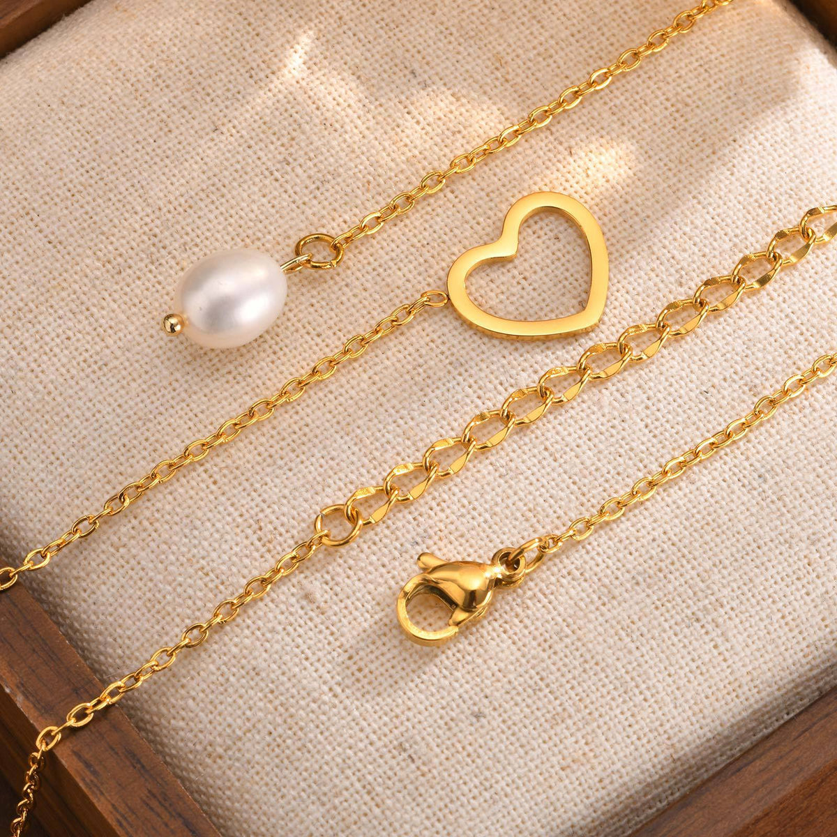Ladies Stainless Steel Flat Cross Chain Heart Shaped Natural Baroque Freshwater Pearl Y Necklace