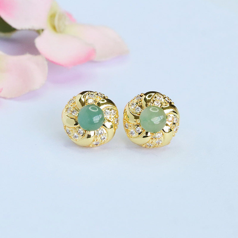 Blue-Water Jadeite Bead Halo Stud Earrings