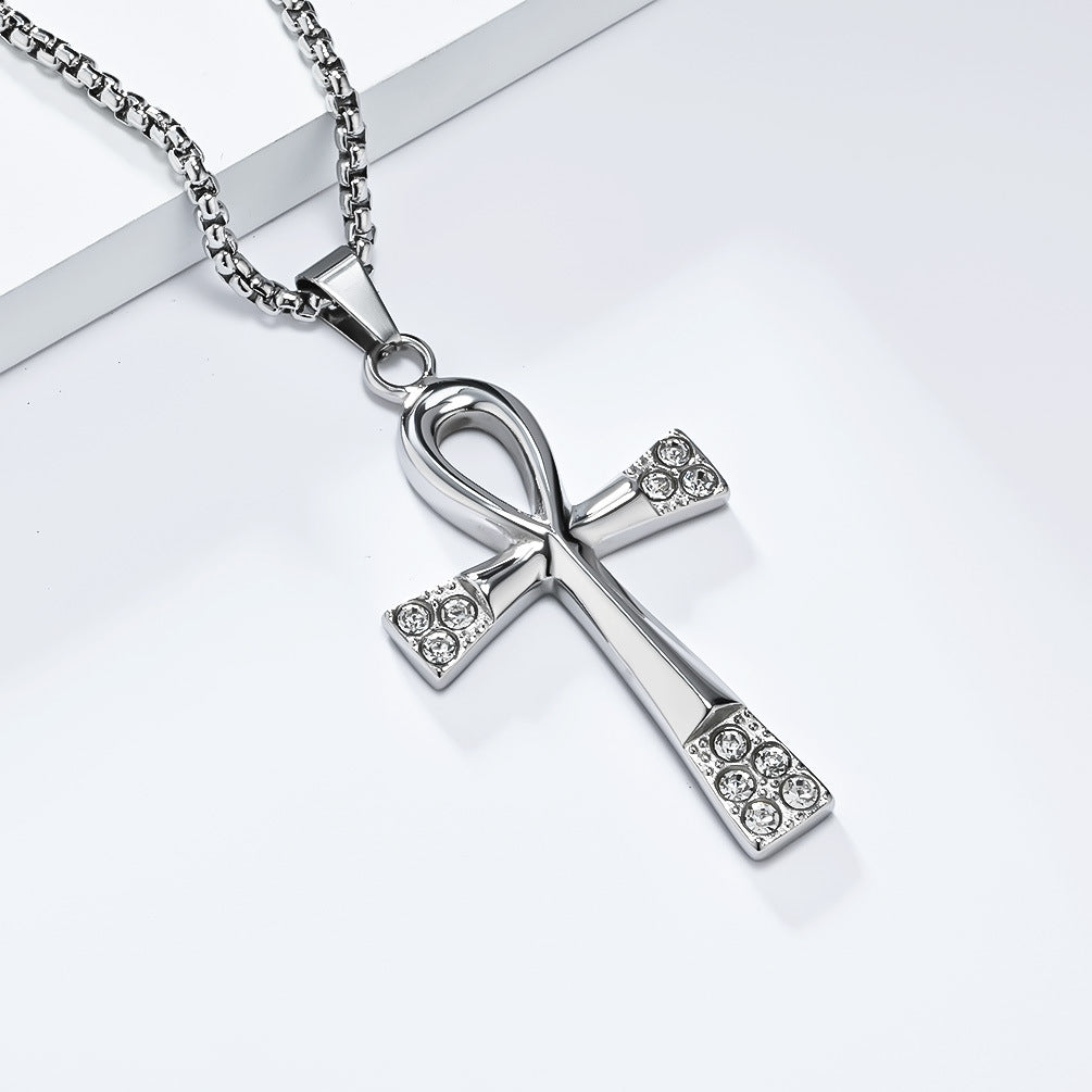 Vintage Egyptian Anka Titanium Steel Cross Necklace for Men