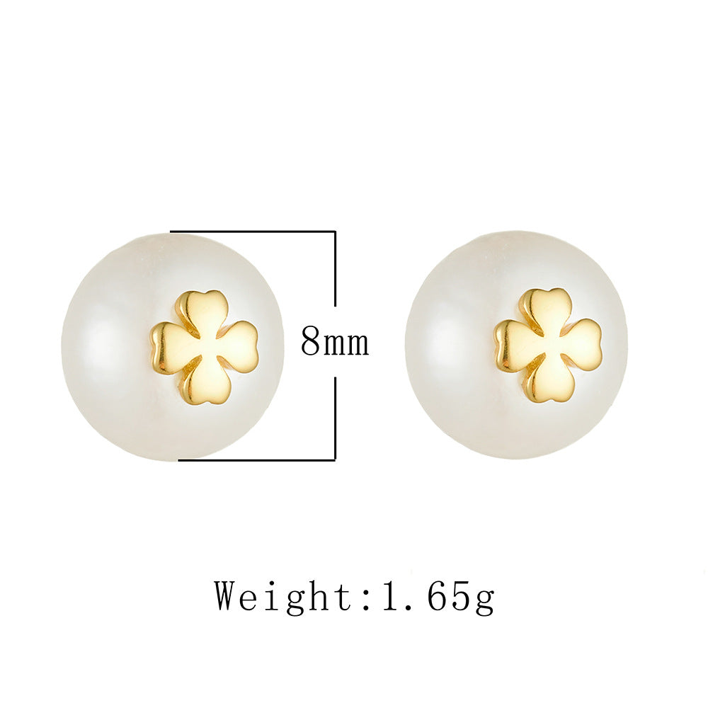 925 Sterling Silver Retro French Natural Pearl Stud Earrings Four-Leaf Clover Earrings And