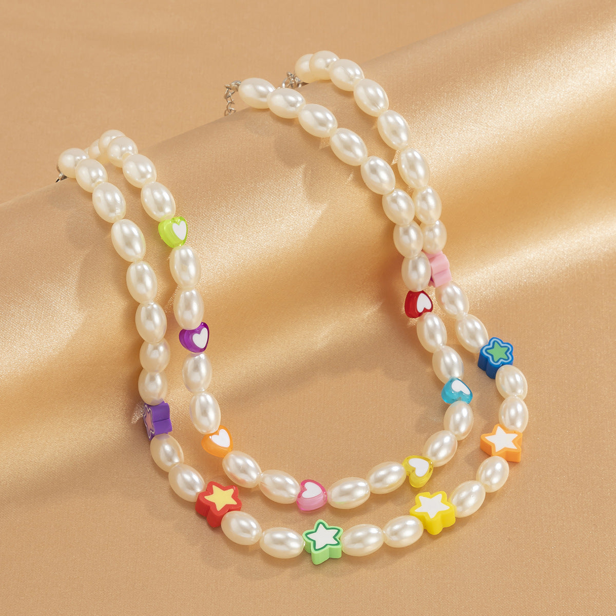 Planderful Vienna Verve Beaded Imitation Pearl Necklace For Women Star And Heart Shapes Mixed Colors