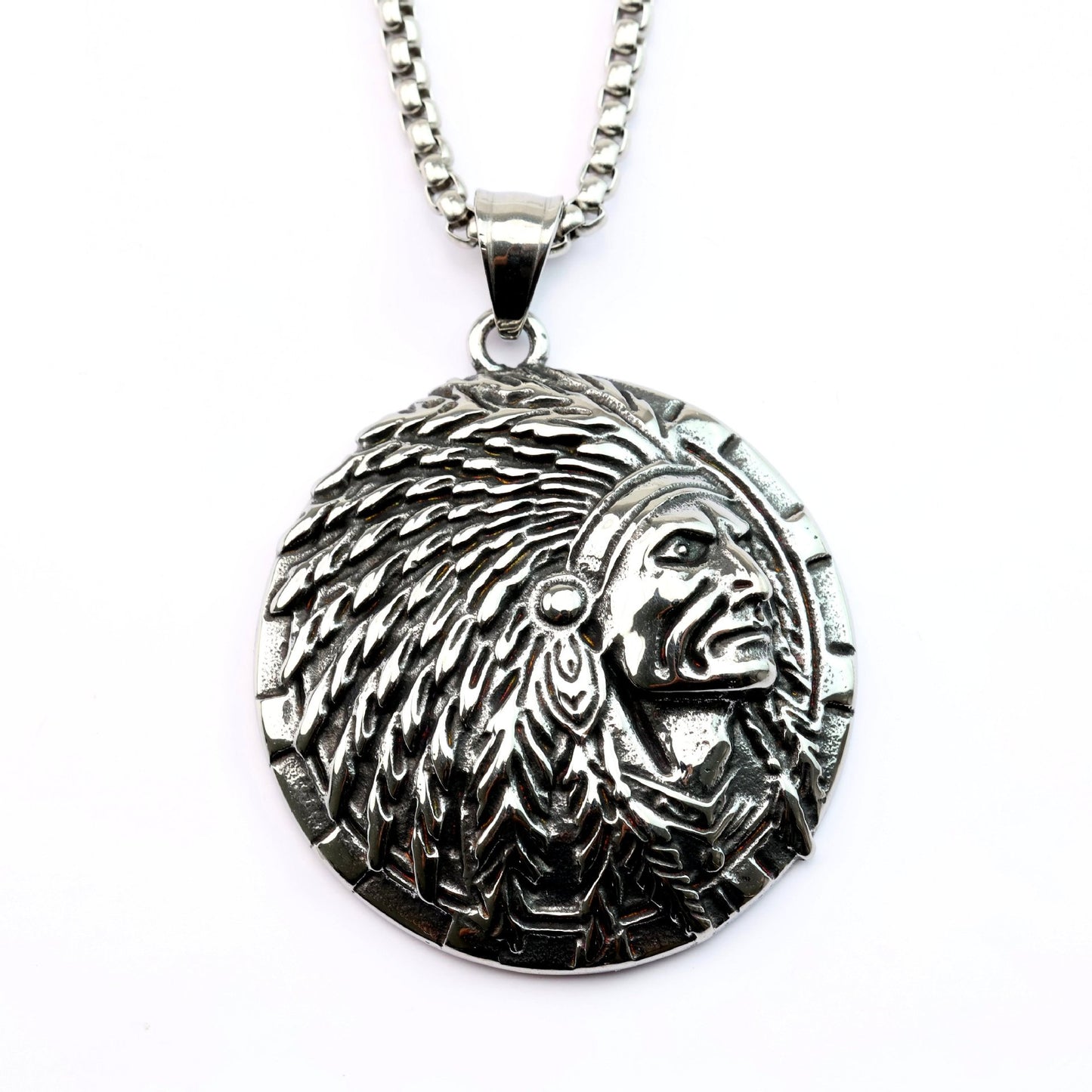 Planderful Retro Stainless Steel Mens Pendant Single Sided Indian Chief Design For Men Gift Idea