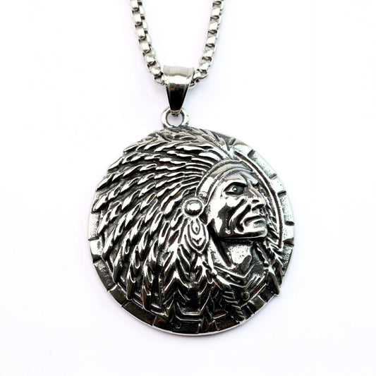 Planderful Retro Stainless Steel Mens Pendant Single Sided Indian Chief Design For Men Gift Idea
