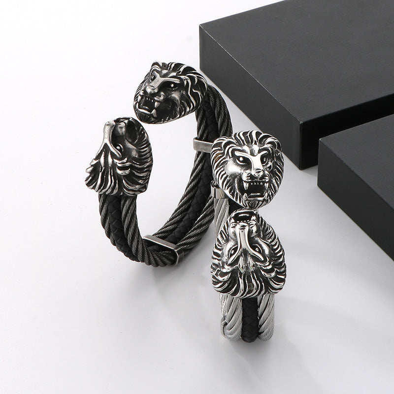 Planderful Titanium Lion Head Leather Bracelet For Men