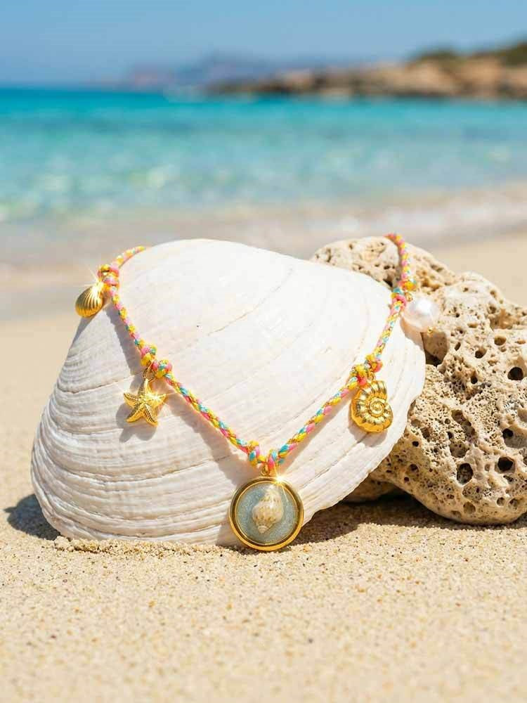 Colorful & Fun Color Braided Rope Stainless Steel Resin Ocean Shell Conch Necklace