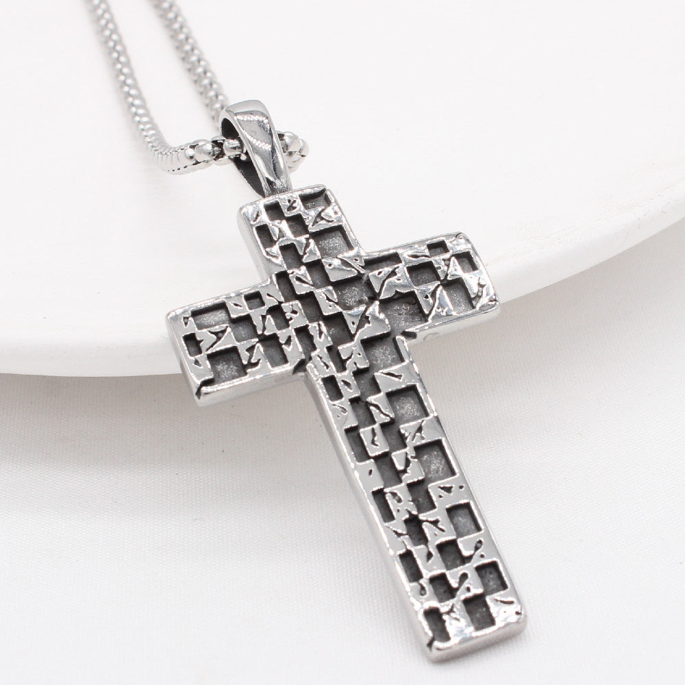 Planderful Titanium Steel Mosaic Cross Pendant Necklace For Men And Women Unisex Vintage Statement Jewelry