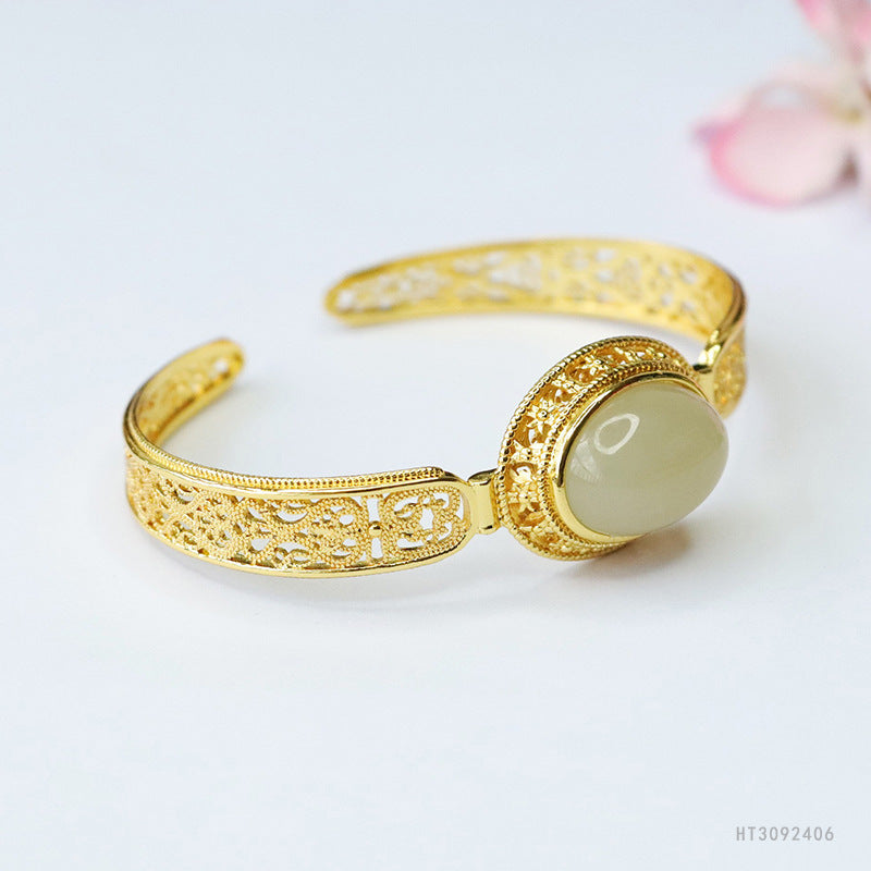 Hetian Jade Cabochon Open Bangle