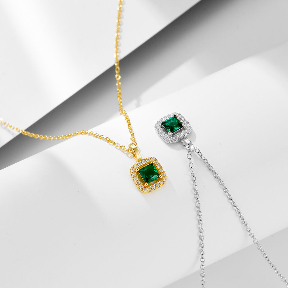 S925 Sterling Silver Square Emerald Zircon Pendant Necklace Retro Style
