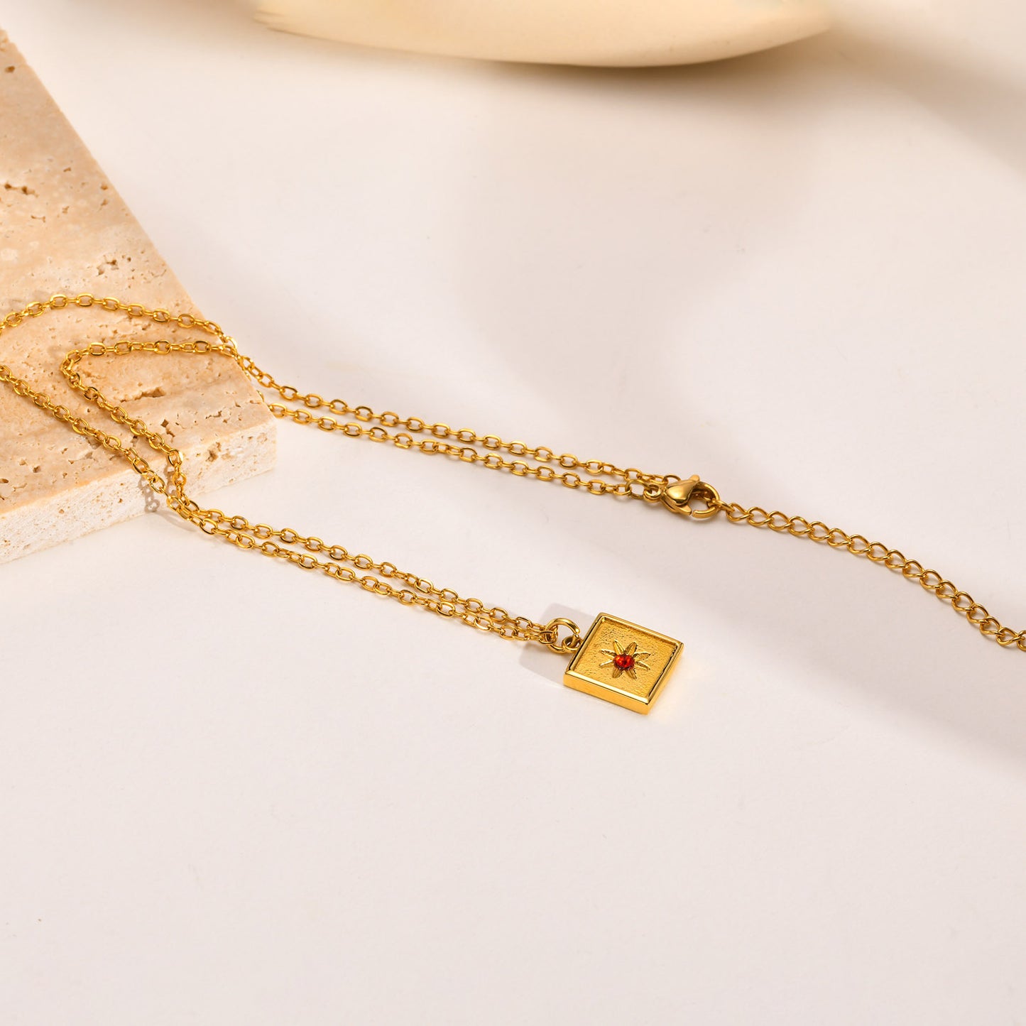 Stainless Steel Red Zircon Octagram Necklace Gold Chain