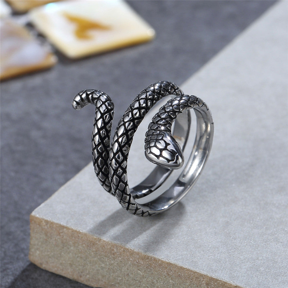 Zircon Eye Coiled Snake Titanium Steel Ring for Men