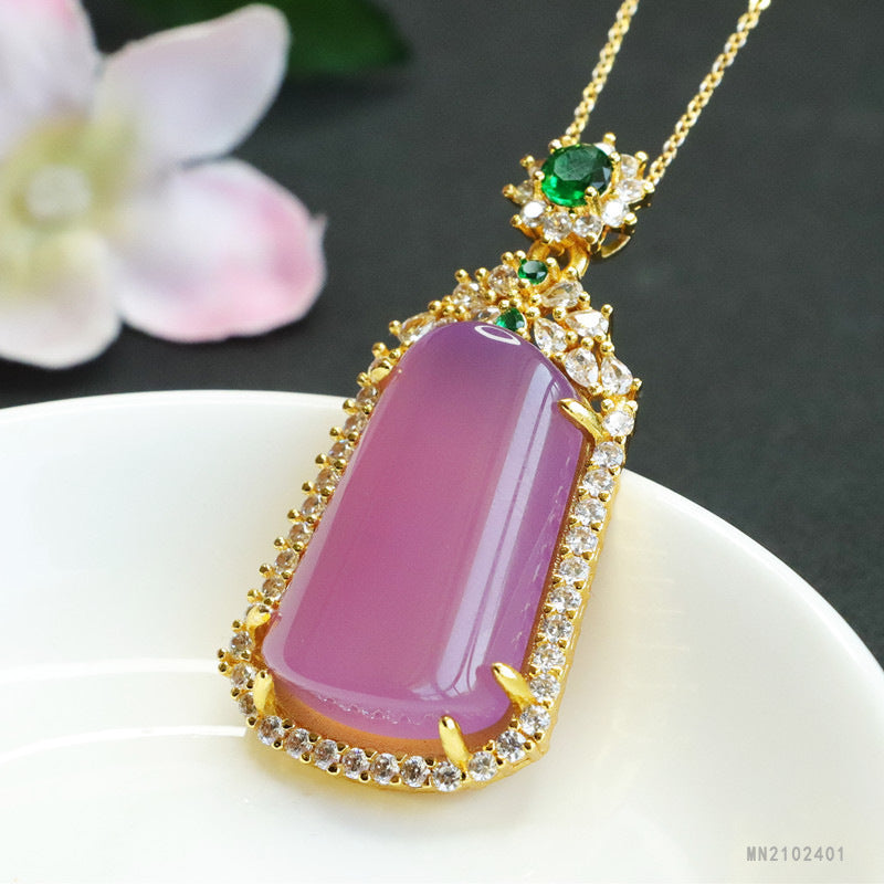 Pink Chalcedony Trapezoid Peace Plaque Pendant — No Chain
