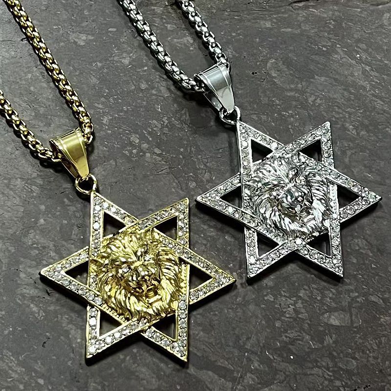 Planderful Everyday Genie Lion Head Hexagram Pendant Necklace Stainless Steel Zircon Unisex Jewelry