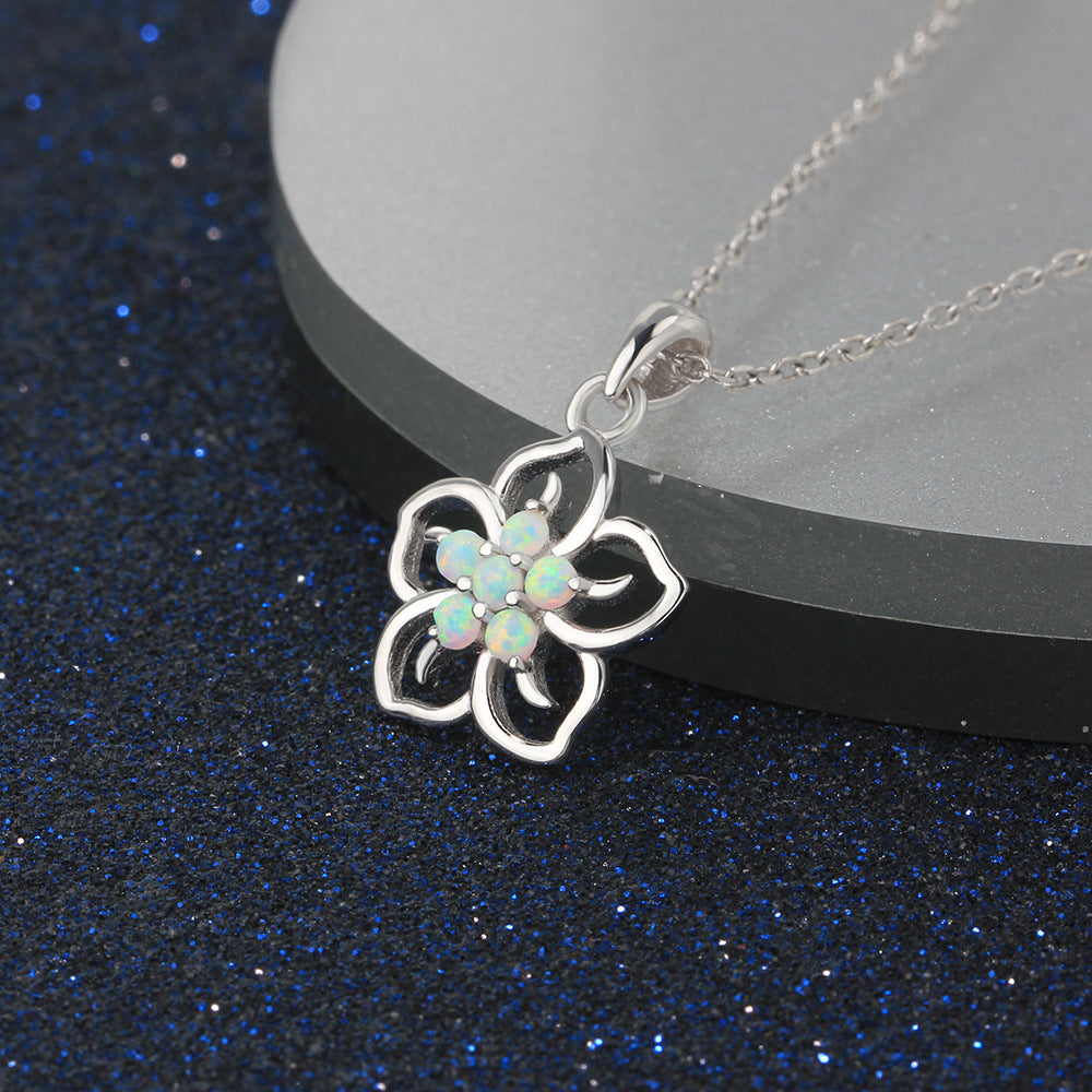 Planderful Jewelry Opal Necklace Flower Pendant