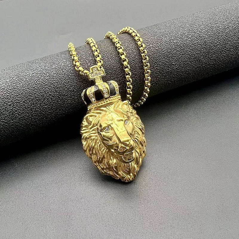 Steel Necklace – Statement Rhinestone Crown Lion Pendant