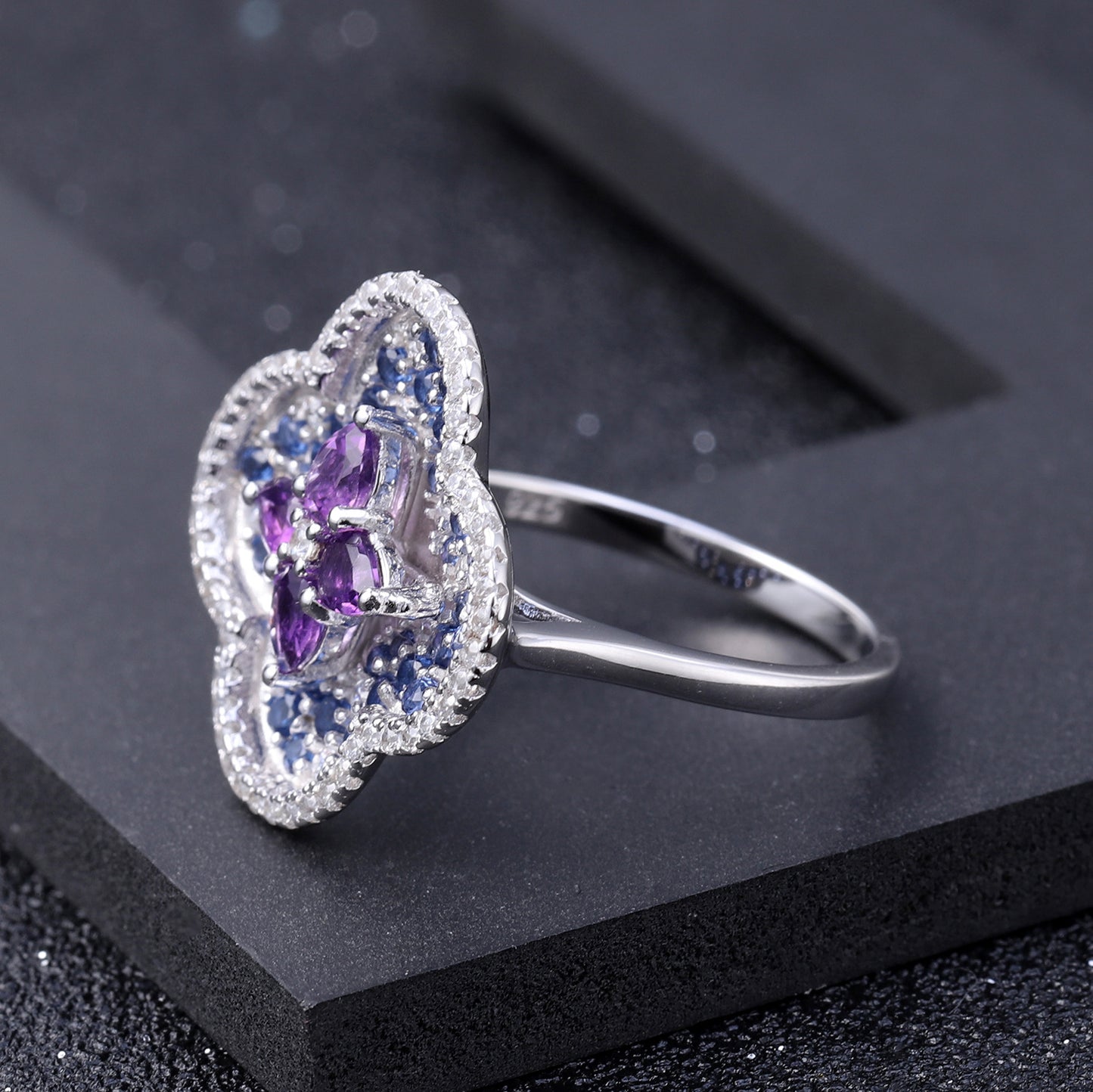 Flourishing Flower Natural Amethyst Silver Ring